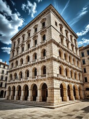 Naklejka premium Majestic stone building with arched windows under cloudy blue sky