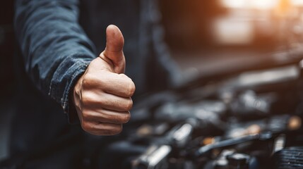 Person shows thumbs up gesture for approval and success.