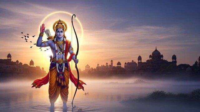 Lord Rama, Divine Archer, Standing Gracefully in Sacred Waters of Ayodhya at Sunset, Indian Mythology Depiction, Hindu God.