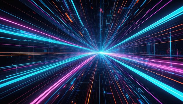 Colorful digital tunnel with bright blue light bursts from center. Glowing lines