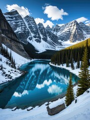 Snow-capped mountains surround a turquoise lake in winter. Dense evergreen forest. Blue sky