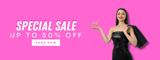 Model displaying shopping cart and bag with sale details