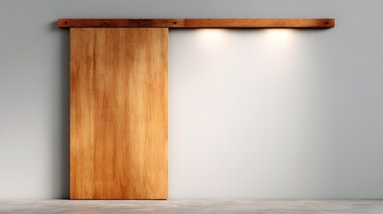 Naklejka premium Wood barn door slides open on a track above a concrete floor.