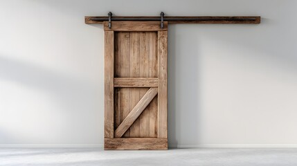 Rustic wooden barn door slides open on a metal track mounted on a white wall.