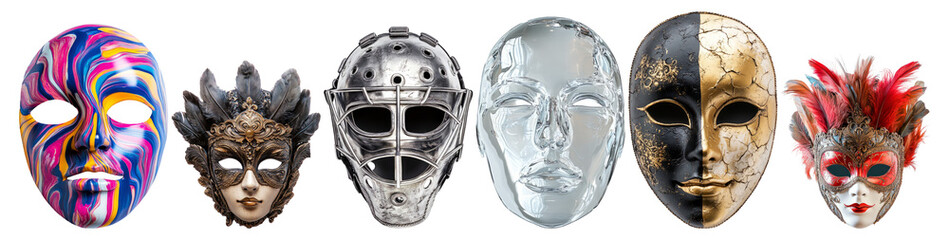 A Collection of Unique and Artistic Masks in Vibrant Designs, Isolated on Transparent Background