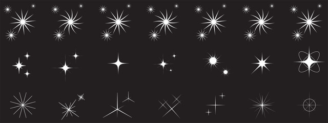 Glowing light bursts with sparkles. Glow light effect set, lens flare, explosion, glitter, line, sun flash, spark and star. Abstract image of lighting flare and white stars. Vector illustration. EPS10