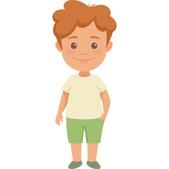 Cartoon Boy With Red Hair Wearing A Light Yellow T Shirt And Green Shorts Standing With Hands In Pockets On A Transparent Background Full Body Shot