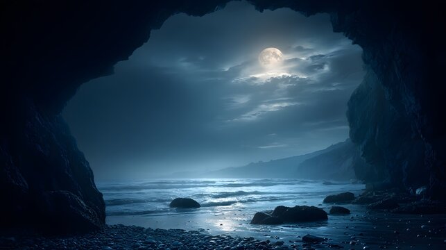 Full moon illuminates a foggy beach with waves crashing near a cave.