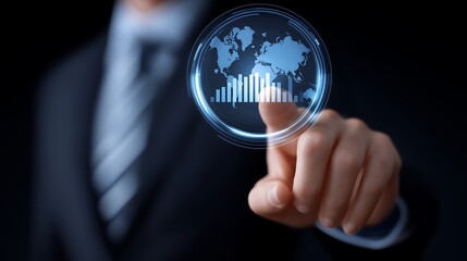Modern businessman interacting with transparent touchscreen showing global target audience visualization and campaign analytics