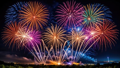 Colorful fireworks exploding in the night sky over a dark landscape