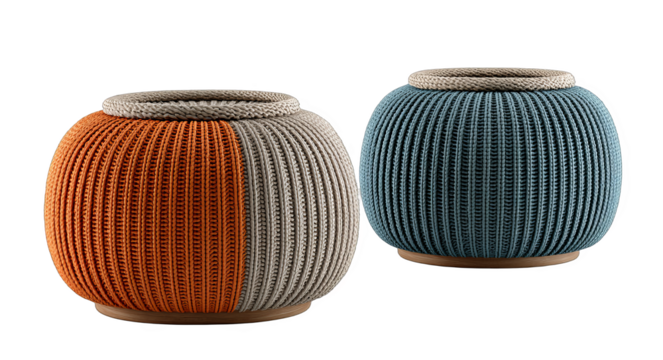 Two knitted round vases with distinct color blocks and ribbed textures, suitable for modern interior decoration.