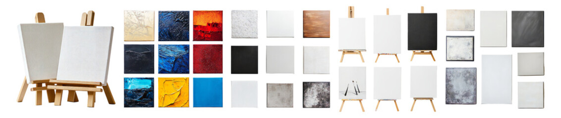 Blank Canvases on Easels and Colorful Paint Swatches for Artists, Isolated on Transparent, white background