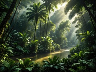 Lush tropical rainforest with river, sunlight filtering through the canopy