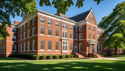 Red brick university building with green lawn and trees on a sunny day