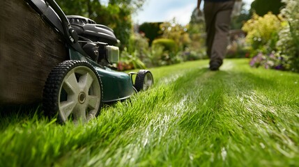 Fototapeta premium A person walks behind a lawnmower, trimming a lush green garden.