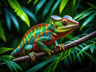 Fototapeta premium Colorful chameleon rests on a branch, surrounded by lush green foliage