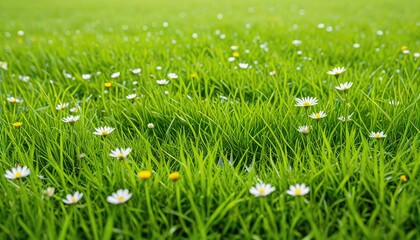 Lush green meadow, dotted with delicate white and yellow wildflowers, a sunny day