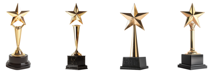 Collection of Golden Star Trophies on Black Base for Awards, Isolated on Transparent Background
