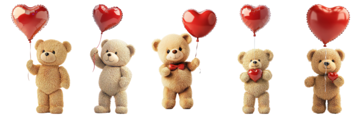 Cute teddy bears with heart balloons for Valentine's Day celebration, Isolated on Transparent, white background