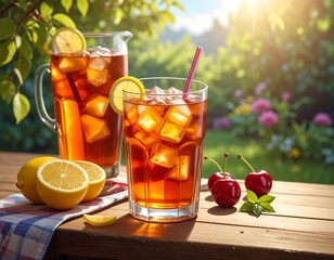 Iced tea on a wooden table in a garden