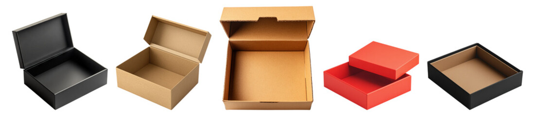 Various Empty Gift Boxes in Different Colors and Sizes for Packing, Isolated on Transparent Background