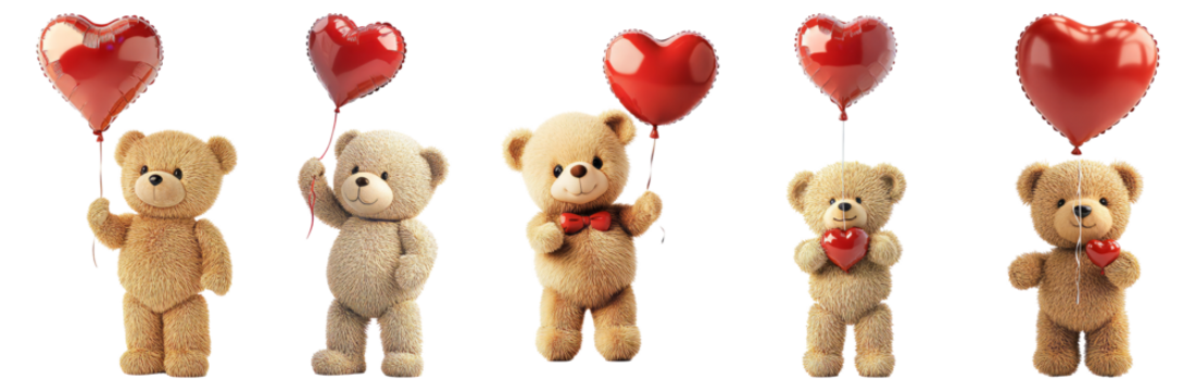 Cute teddy bears with heart balloons for Valentine's Day celebration, Isolated on Transparent, white background - Powered by Adobe