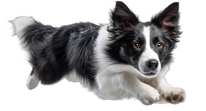 A black and white border collie dog is seen running with its front paws extended, showcasing its energetic and agile nature.