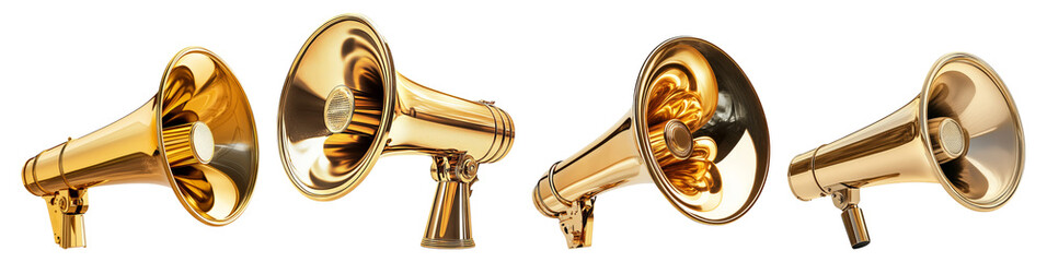 Vintage Brass Megaphones Set for Announcements and Events, Isolated on Transparent Background