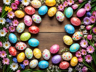 Colorful Easter eggs with flowers on a wooden background