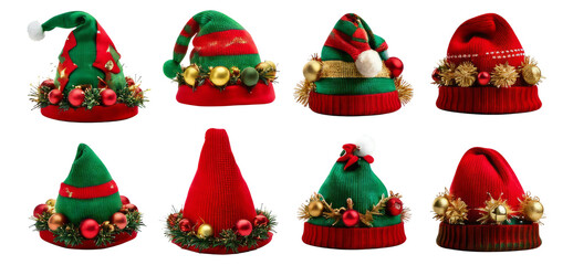 Colorful Christmas Hats Collection for Holiday Season Celebrations, Isolated on Transparent, white background