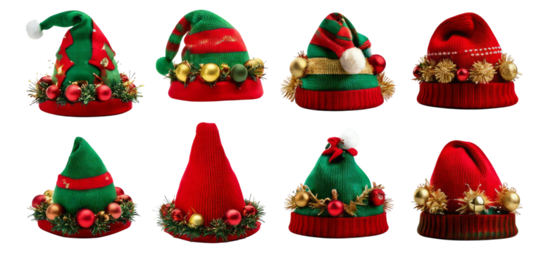 Colorful Christmas Hats Collection for Holiday Season Celebrations, Isolated on Transparent, white background
