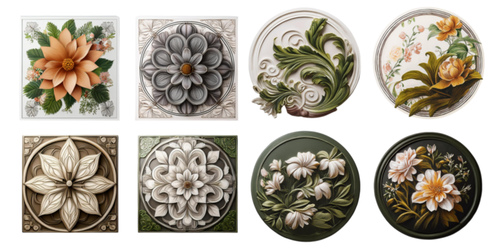 Decorative floral wall art with intricate flower details isolated on transparent background