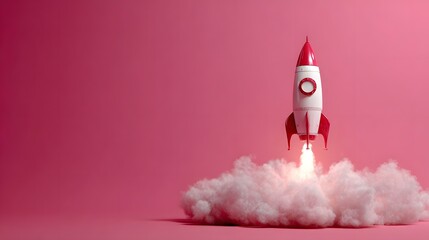 Red and white rocket launching through fluffy clouds against a pink background.