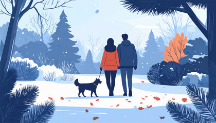 Couple and dog walking in calm snowy forest. Romantic stroll in winter woods with pet dog. Peaceful winter day walk with couple and pet. Love and dog walking through snowy landscape