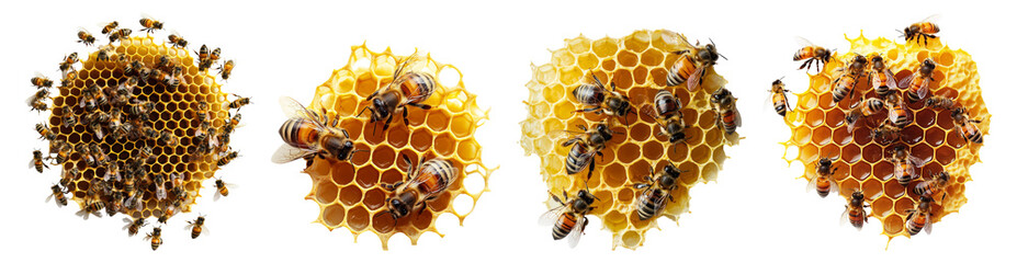 Close-Up View of Honeycomb Structure with Bees in Natural Habitat, Isolated on Transparent Background