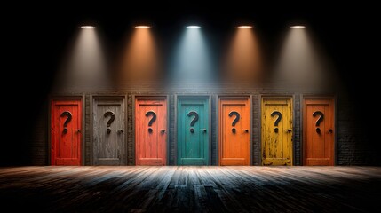 Multiple colored doors with question marks are illuminated by spotlights.