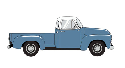 Obraz premium Vector illustration of a vintage blue pickup truck with a cab, tires, and truck bed on display