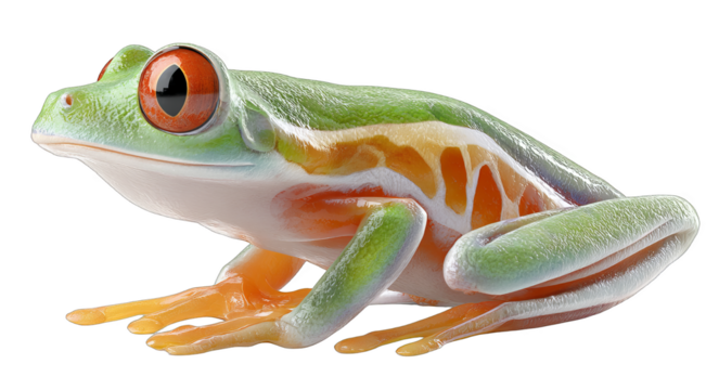 A close-up of a green tree frog showcasing its vibrant colors, red eyes, and unique patterns in a natural setting.
