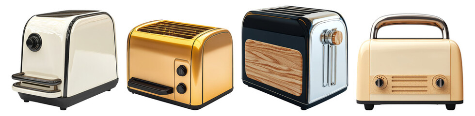 Variety of Stylish Toasters in Different Designs and Colors, Isolated on Transparent Background
