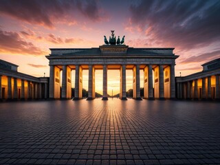 Obraz premium Iconic arch, sunrise glow, illuminating stone facade, majestic structure, European landmark