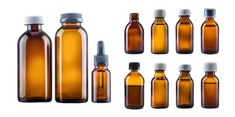 collection of amber glass bottles in various sizes, isolated on a transparent background, perfect for pharmacy, essential oils, or cosmetic packaging projects.