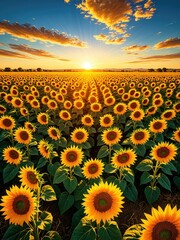 Obraz premium Majestic sunflower field at sunset, golden light illuminating the scene, nature beauty