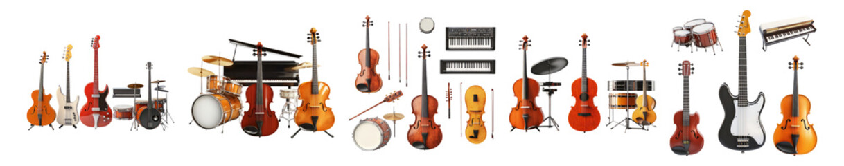 Diverse Collection of Musical Instruments in Various Styles and Sizes, Isolated on Transparent, white background