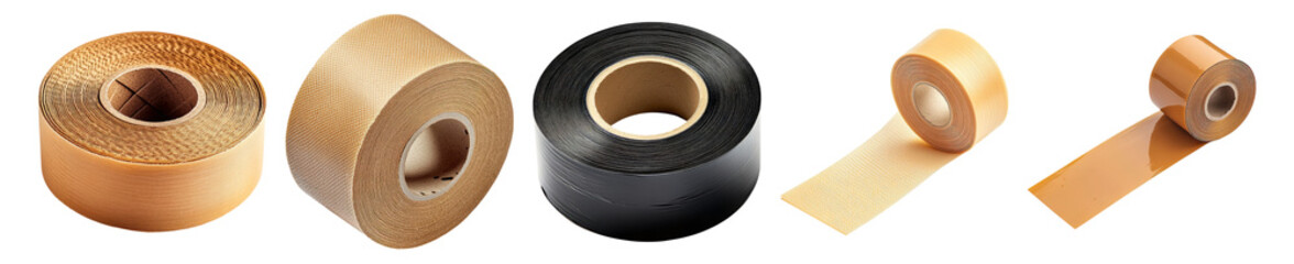 Various Rolls of Adhesive Tape for Crafting and Repair Work, Isolated on Transparent, white background