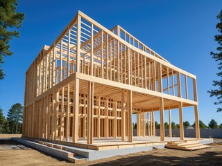 Obraz premium Wooden house under construction with beams and open structure