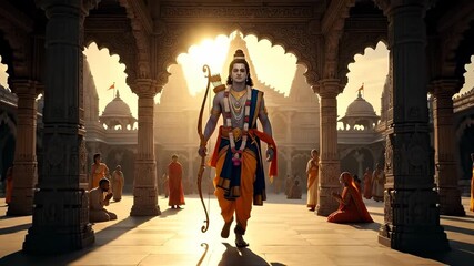 Lord Rama, Embodiment of Dharma, Walking Through Temple in Ayodhya, Depicting Divine Presence and Spiritual Journey