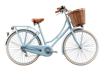 A vintage light blue bicycle equipped with a wicker basket on the front, showcasing classic design elements.