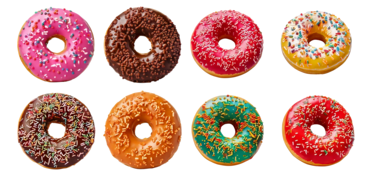 Colorful Doughnuts with Sprinkles and Frosting on Dark Background, Isolated on Transparent, white background