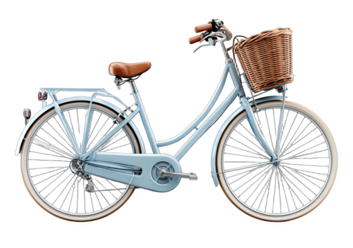A vintage light blue bicycle equipped with a wicker basket on the front, showcasing classic design elements. - Powered by Adobe