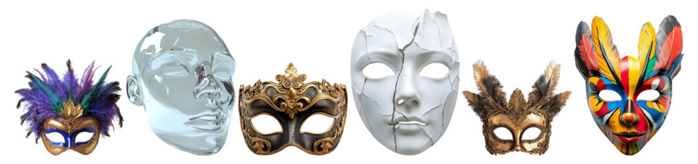 Colorful and Artistic Masks for Celebration and Performance Events, Isolated on Transparent Background